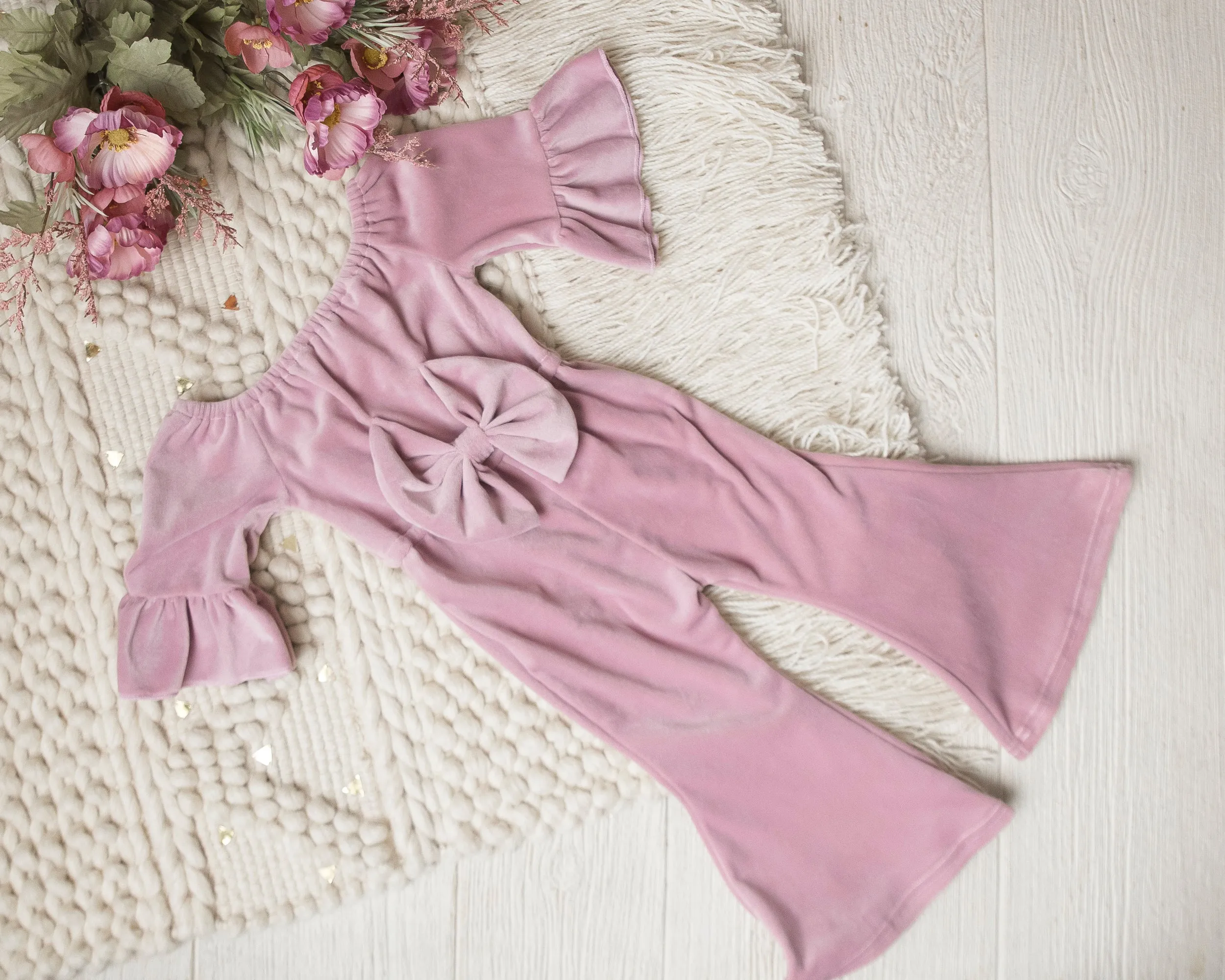 Farrah Dusty Rose Velvet Bell Bottom Bow Jumpsuit