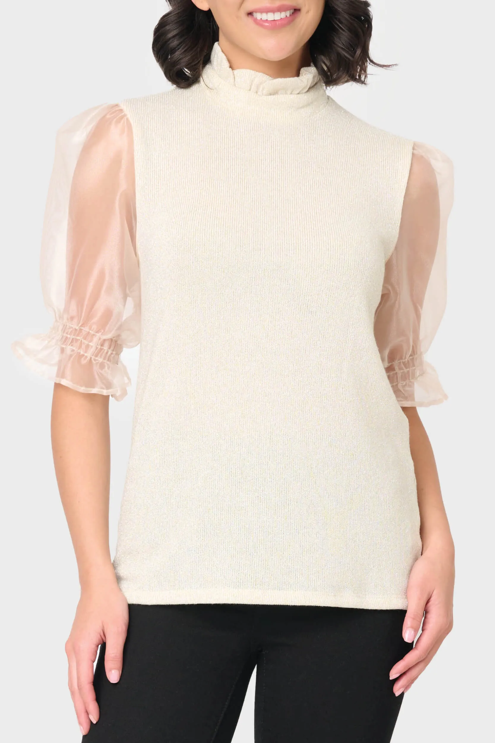 Feminine Ruffle Top with Organza Puff Elbow Sleeve