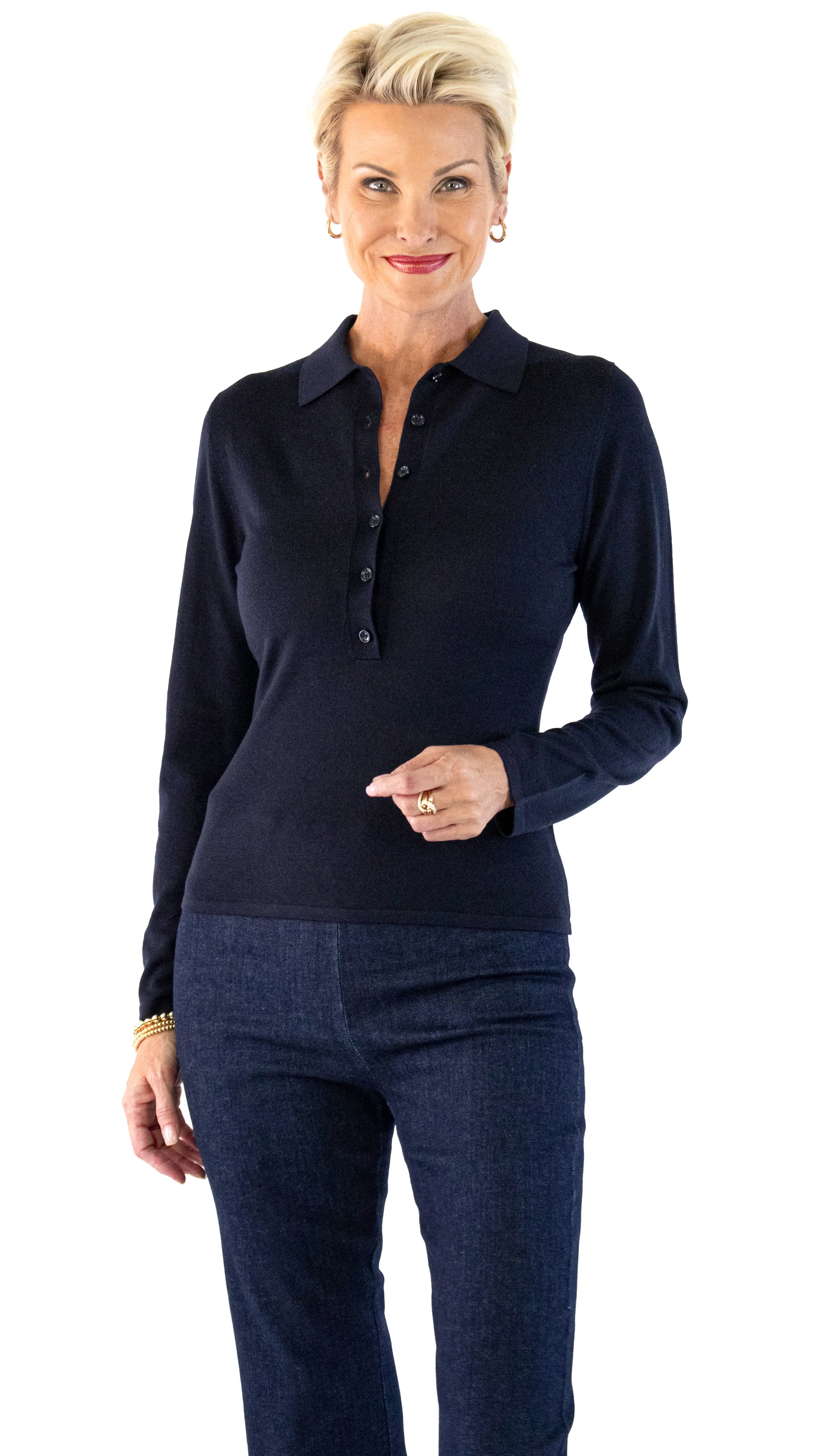 Fine Knit Long Sleeve Polo - Deep Night