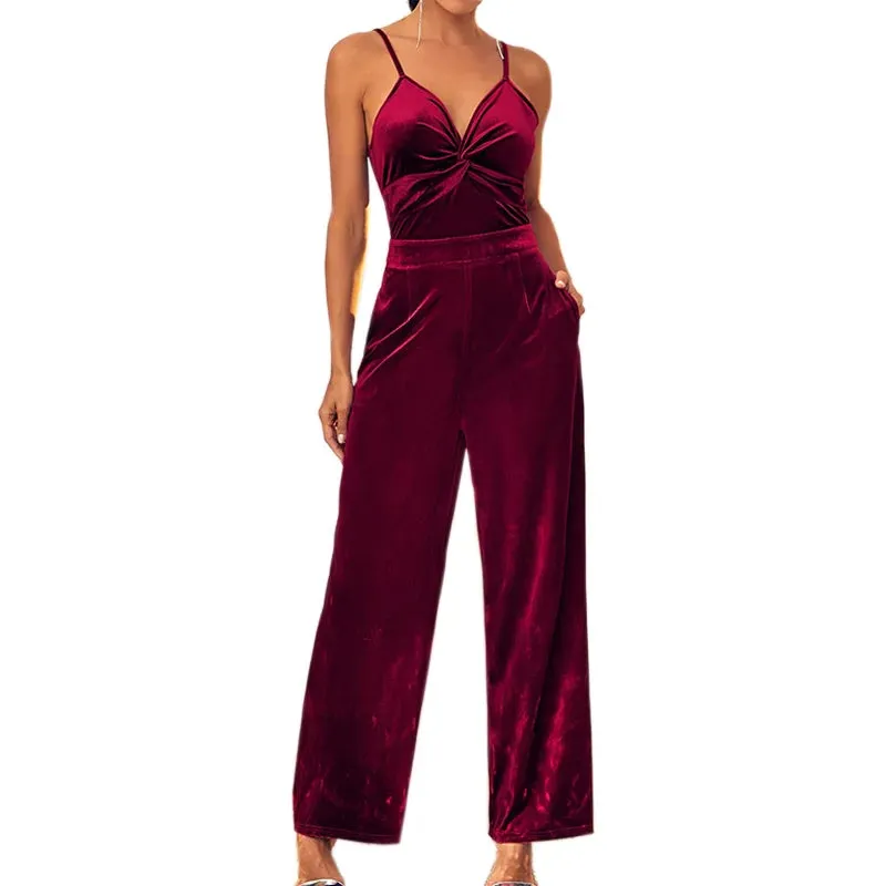 Finjani Women's Jumpsuit Red Velvet Backless Jumpsuits Surplice Neck Slant Pocket Cami Wide-Leg Women's Clothing Autumn 2023 New