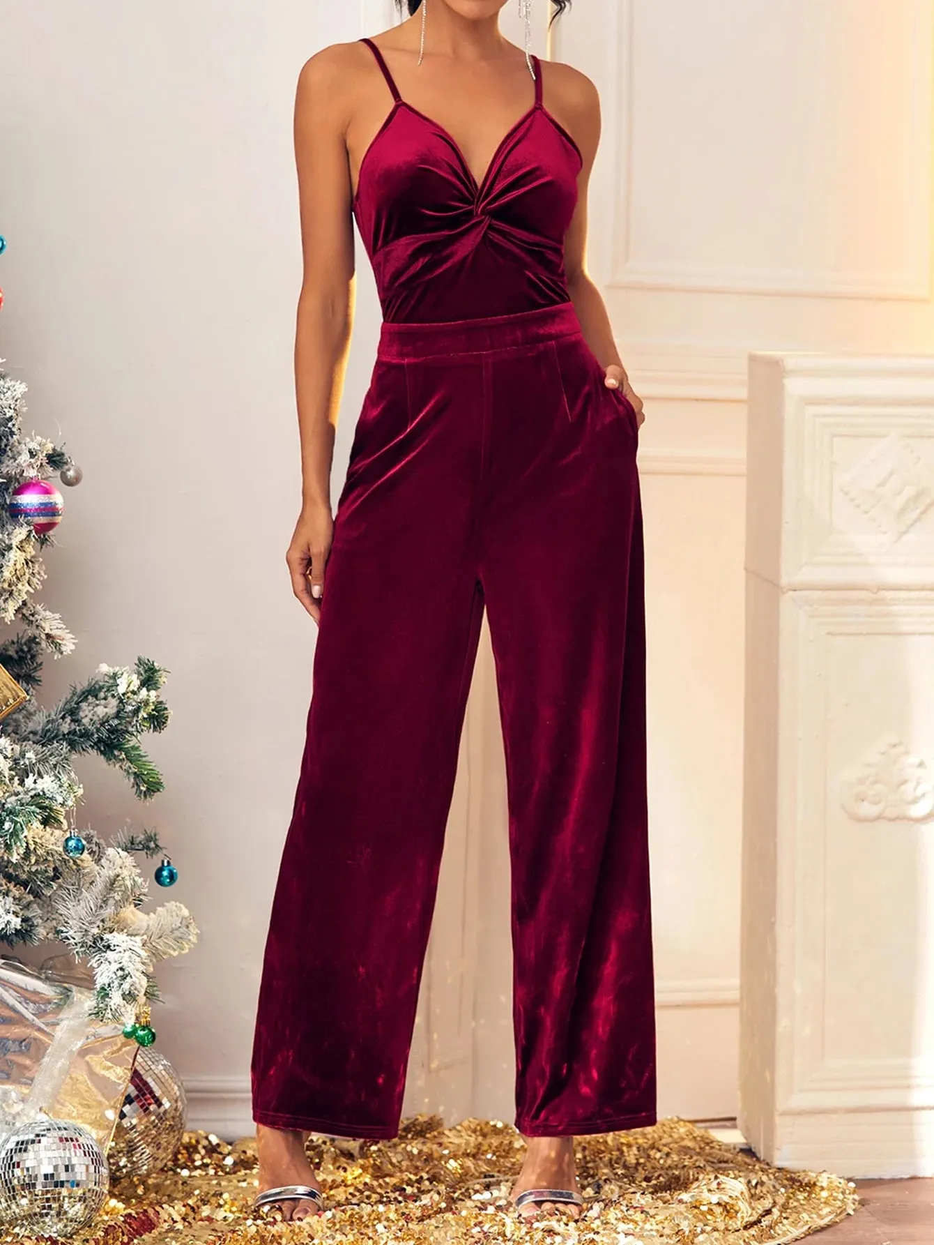 Finjani Women's Jumpsuit Red Velvet Backless Jumpsuits Surplice Neck Slant Pocket Cami Wide-Leg Women's Clothing Autumn 2023 New