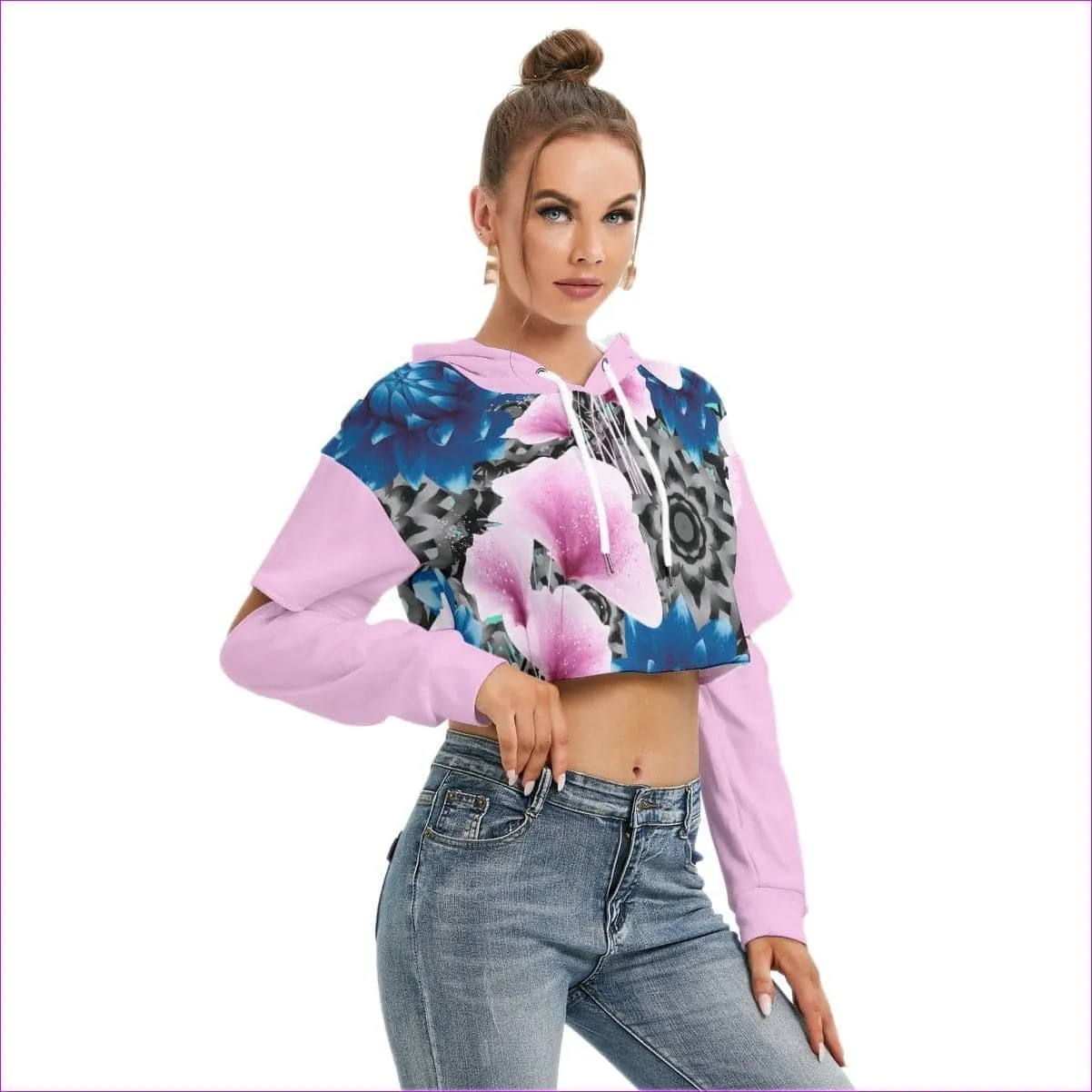 Floral Realm Womens Heavy Fleece Hoodie With Hollow Out Sleeve