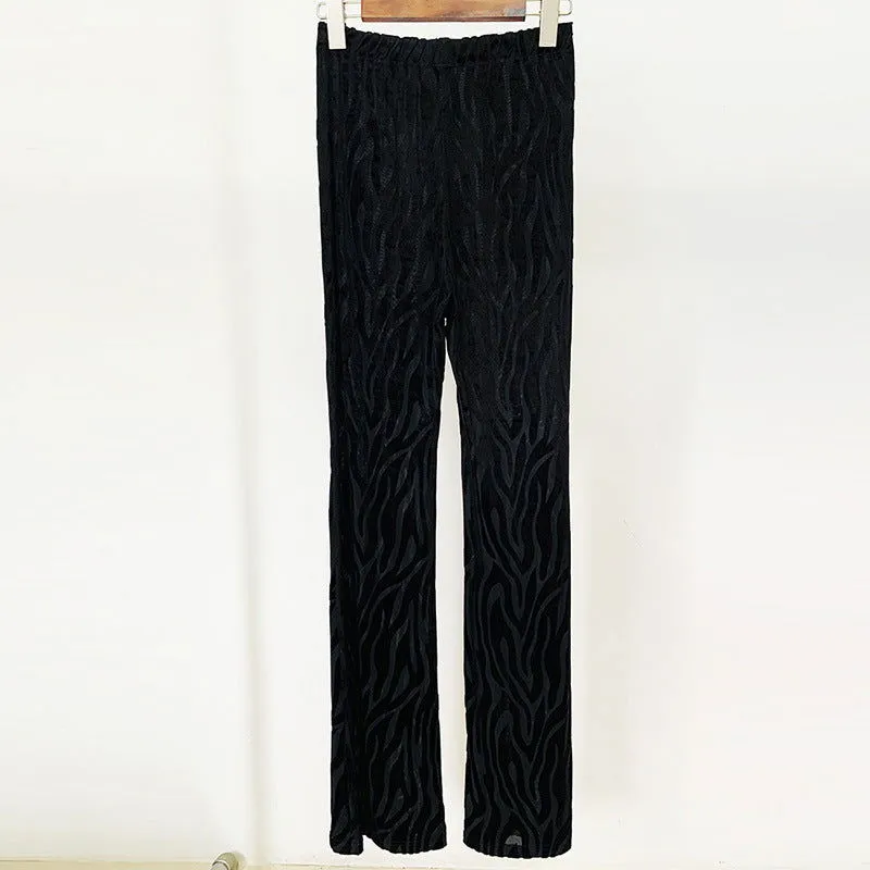 Goods Zebra Stripes See through Carved Velvet Jumpsuit Bell-Bottom Pants Suit Two Piece Set