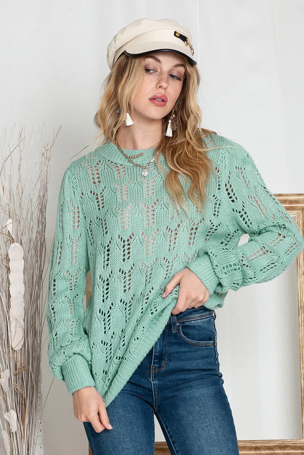 Green Casual Sheer Knitted Pointelle Sweater