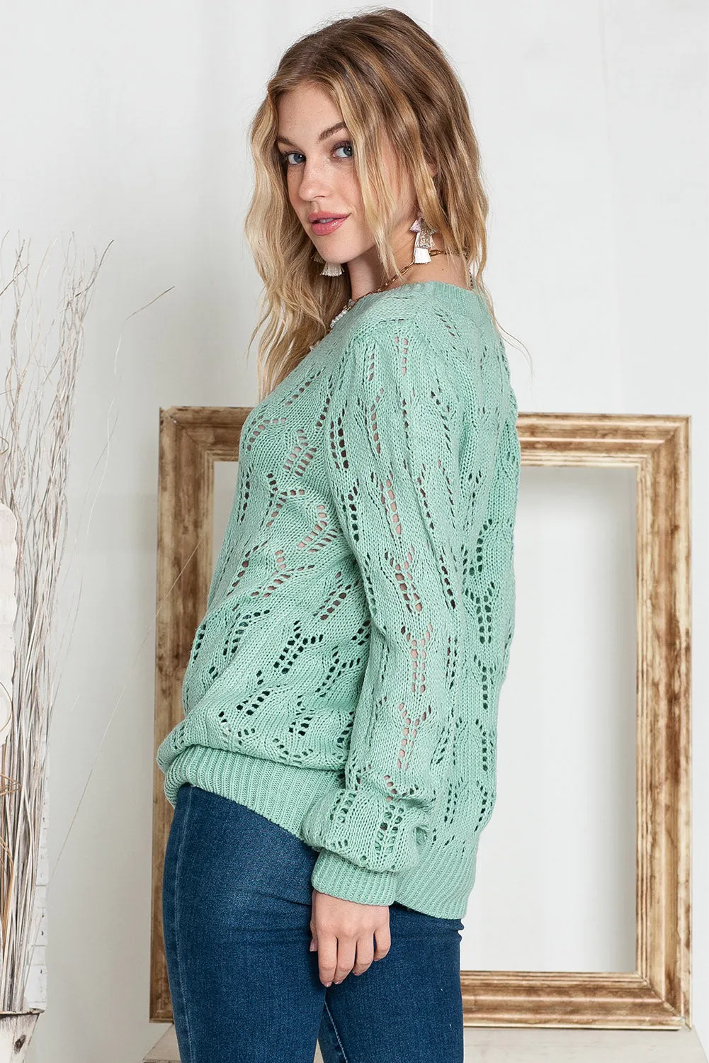 Green Casual Sheer Knitted Pointelle Sweater