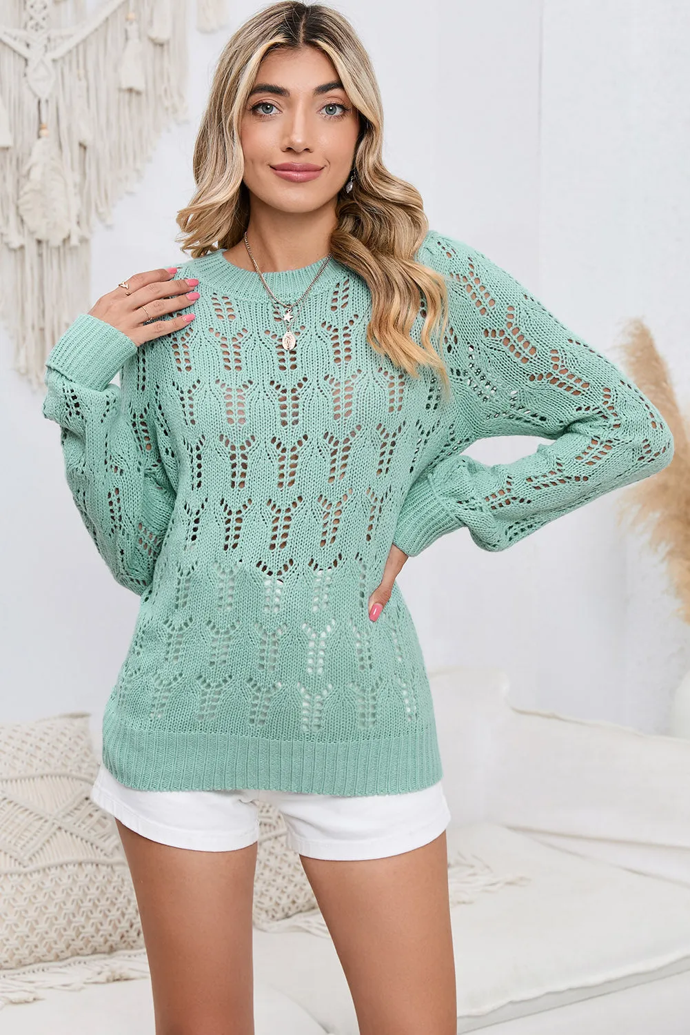 Green Casual Sheer Knitted Pointelle Sweater