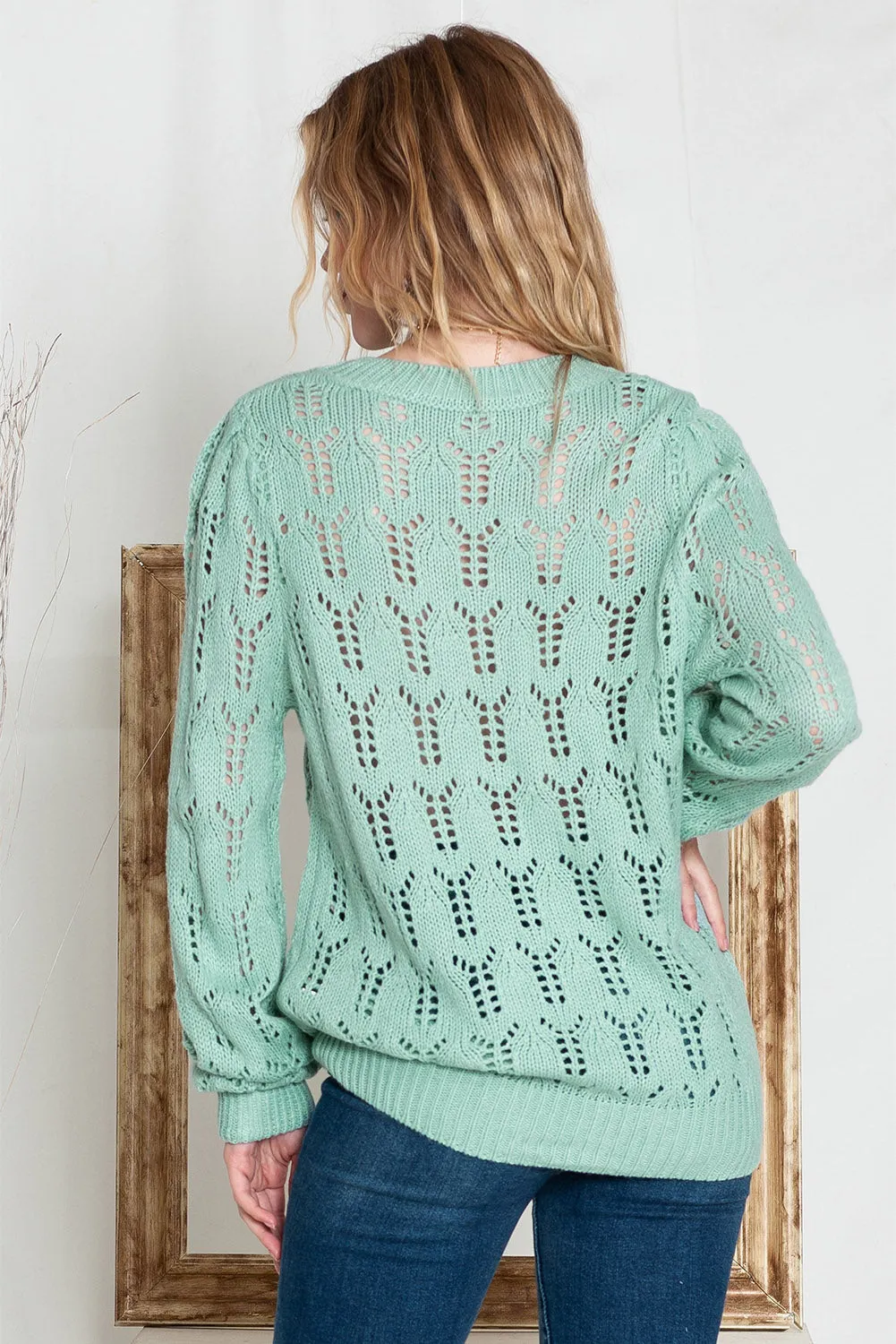 Green Casual Sheer Knitted Pointelle Sweater