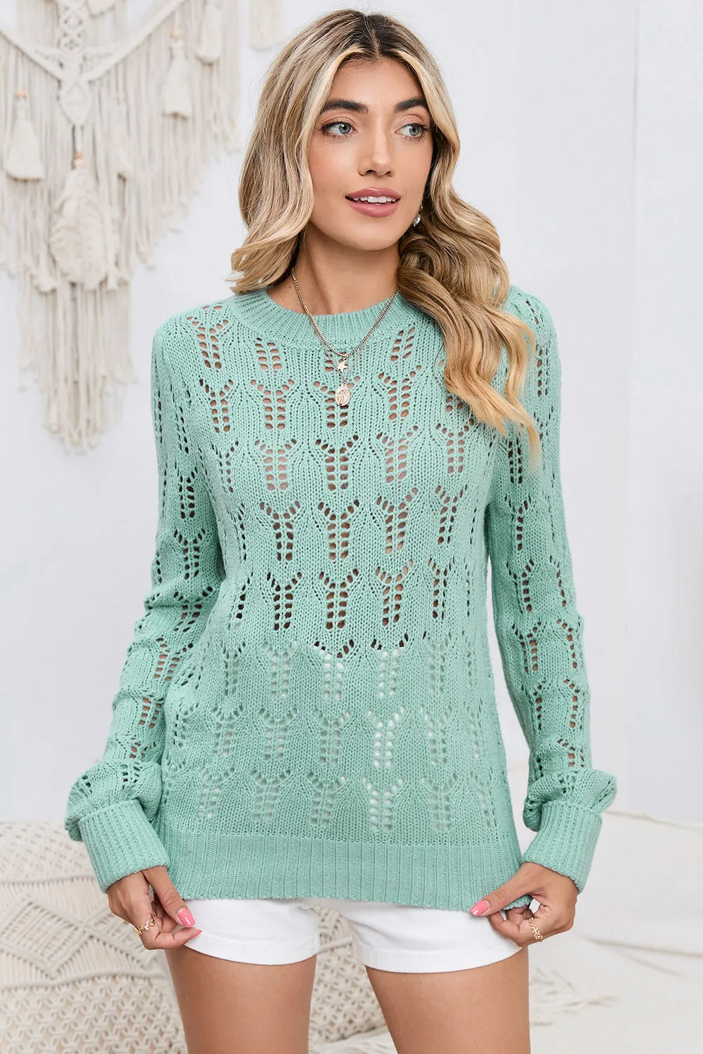 Green Casual Sheer Knitted Pointelle Sweater