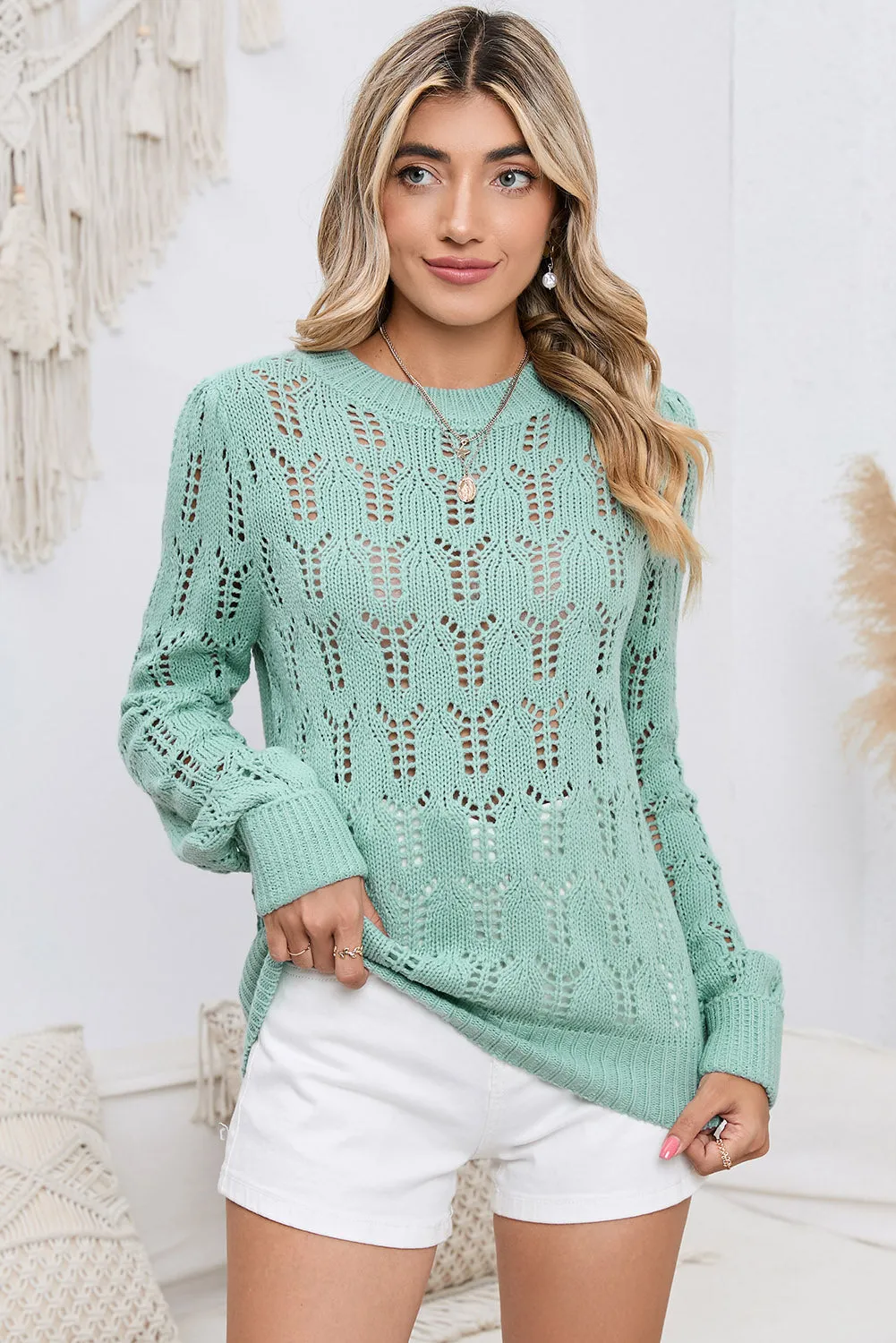 Green Casual Sheer Knitted Pointelle Sweater