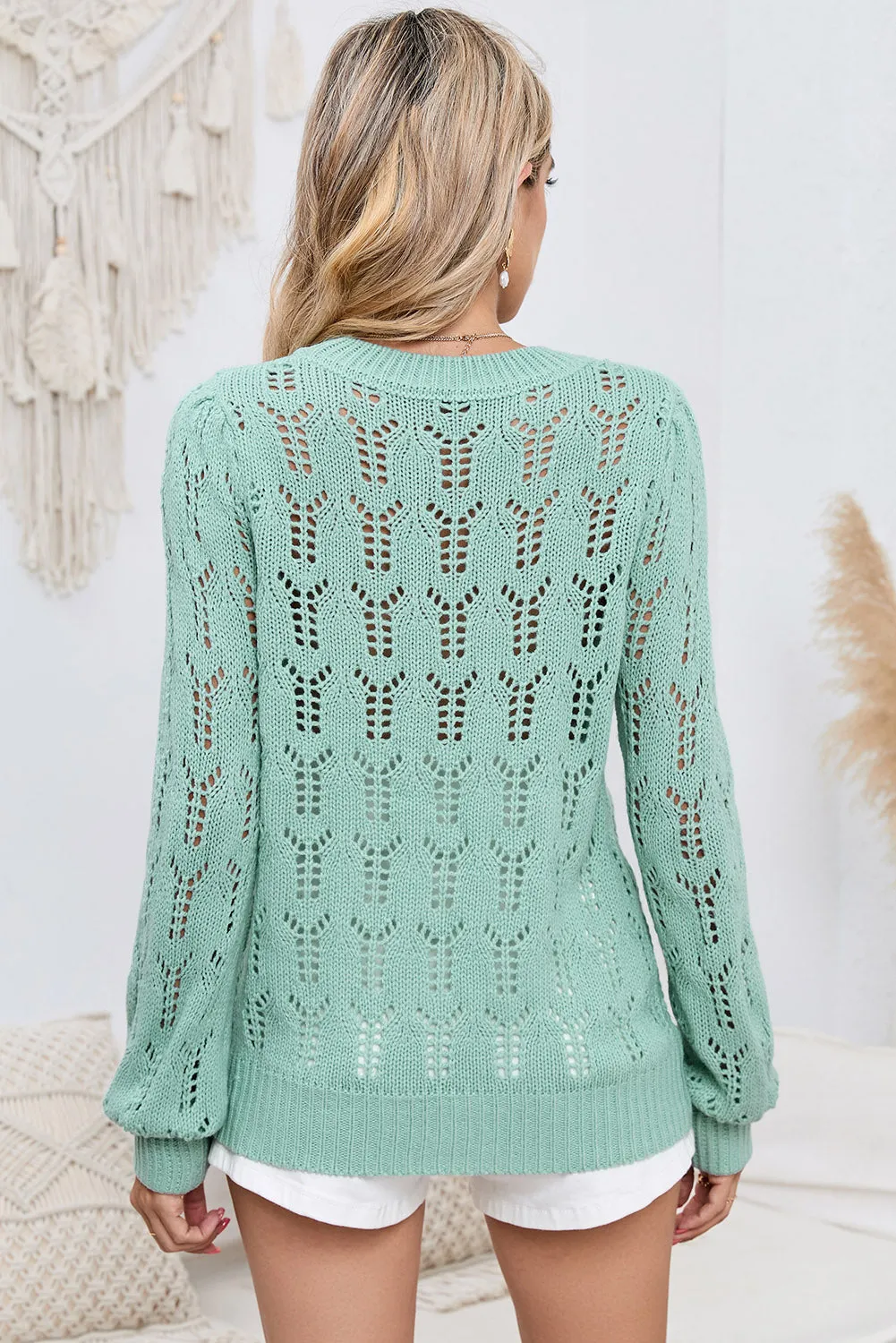 Green Casual Sheer Knitted Pointelle Sweater