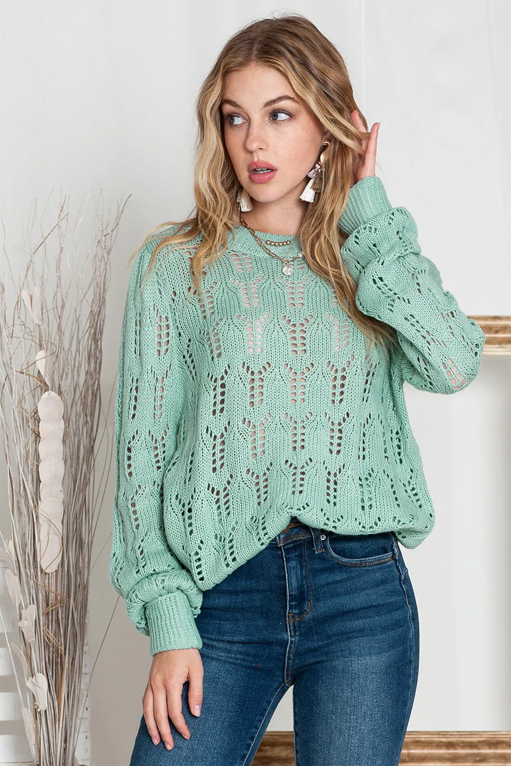 Green Casual Sheer Knitted Pointelle Sweater