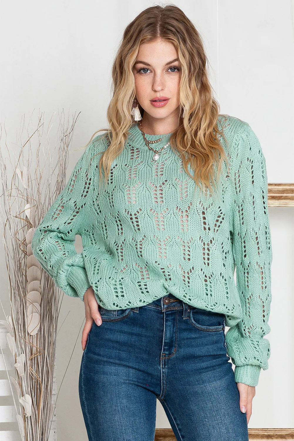 Green Casual Sheer Knitted Pointelle Sweater