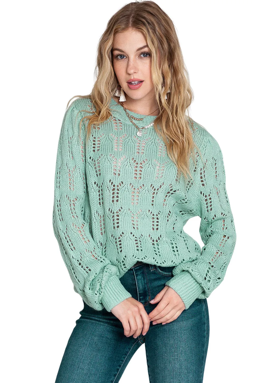 Green Casual Sheer Knitted Pointelle Sweater