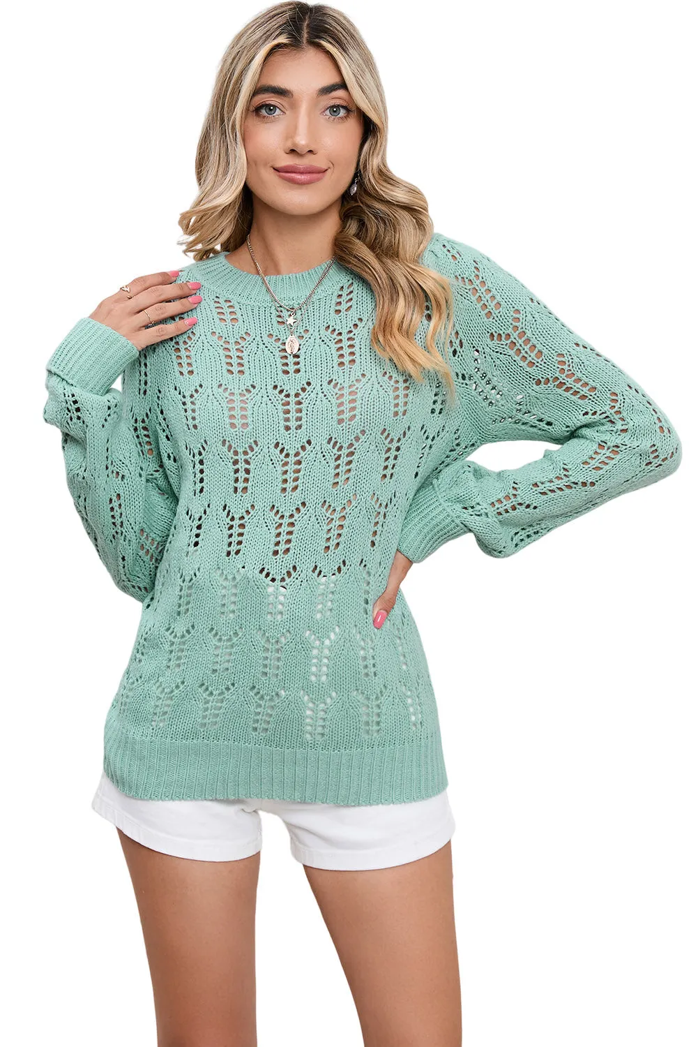 Green Casual Sheer Knitted Pointelle Sweater