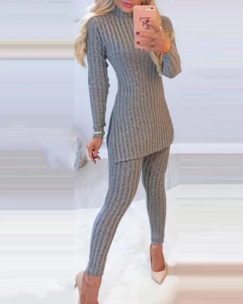 Grey 2 Piece Fitted Tunic & Leggings Set