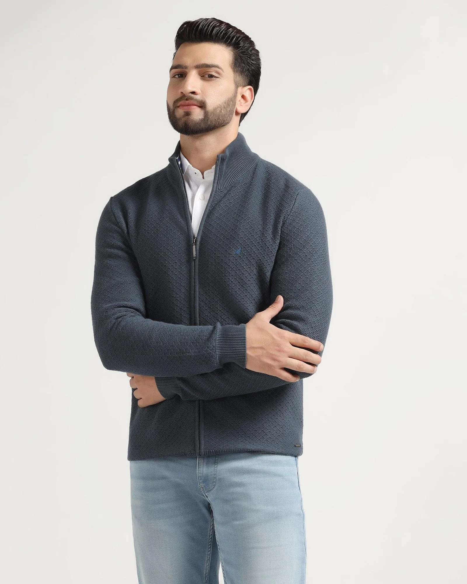 High Neck Navy Textured Sweater - Jeremy