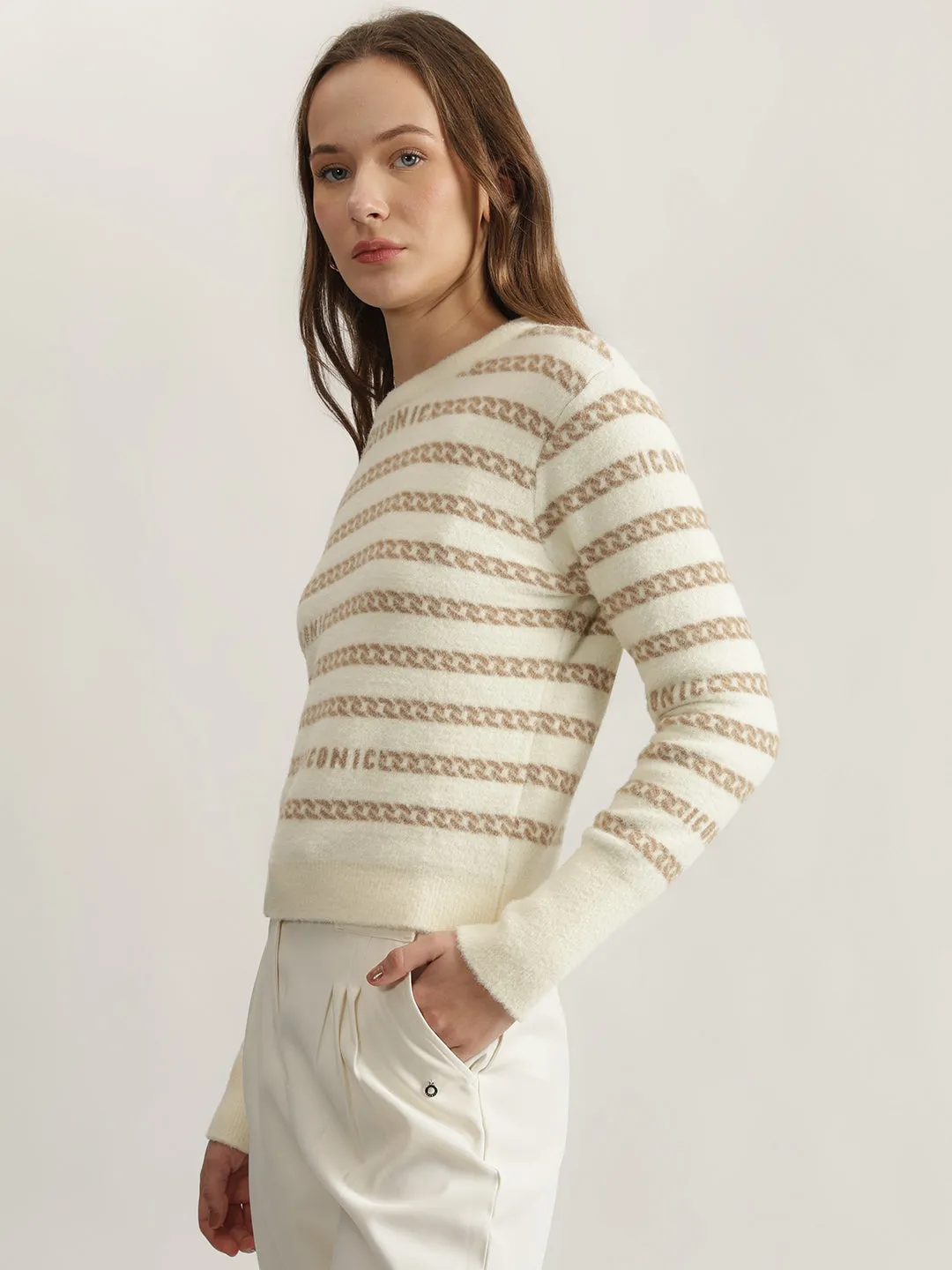 Iconic Women Cream Printed Round Neck Full Sleeves Pullover Style Sweater