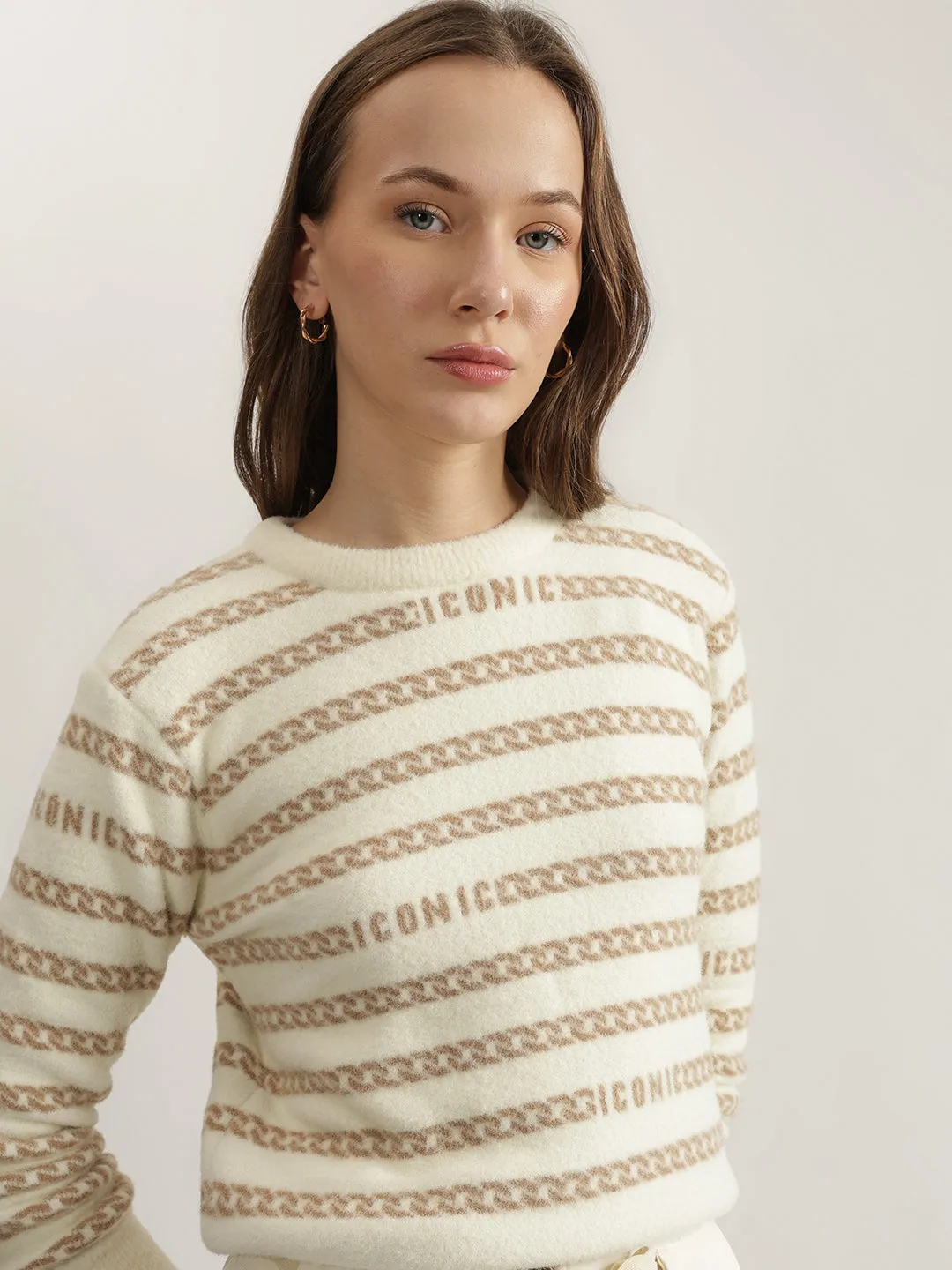 Iconic Women Cream Printed Round Neck Full Sleeves Pullover Style Sweater