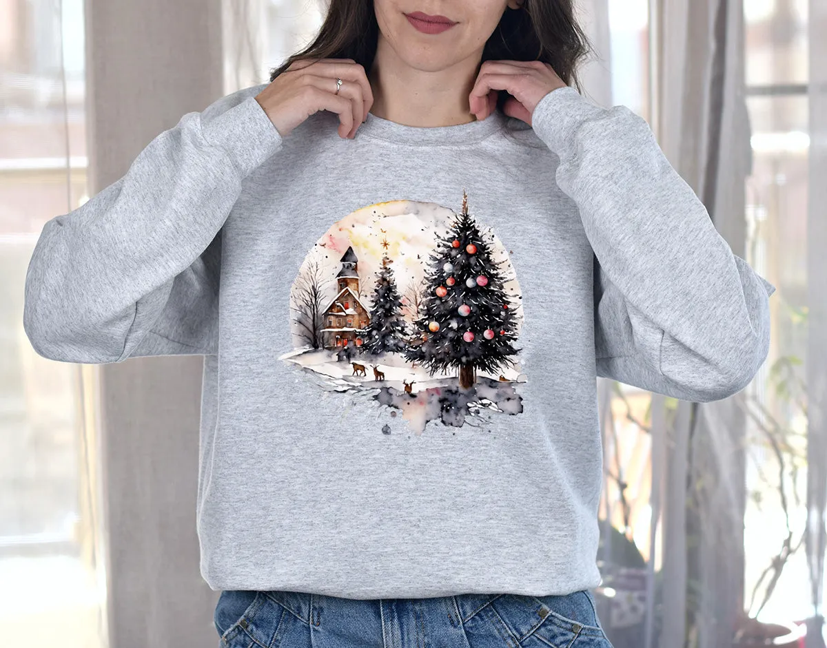 Idyllic Winter Scene Watercolor Painting,Merry Christmas Crewneck Sweatshirt, Country Christmas,Holiday