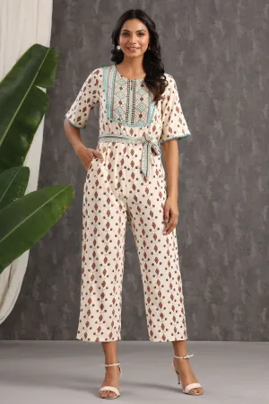 Juniper Ivory Ethnic Motif Printed Rayon Jumpsuit With Zip