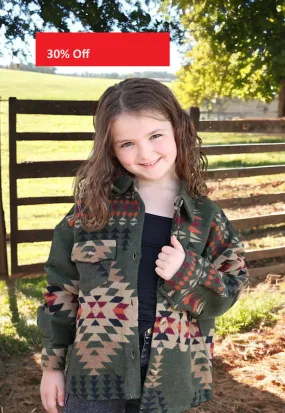 Kids Olive Green Aztec Printed Shacket