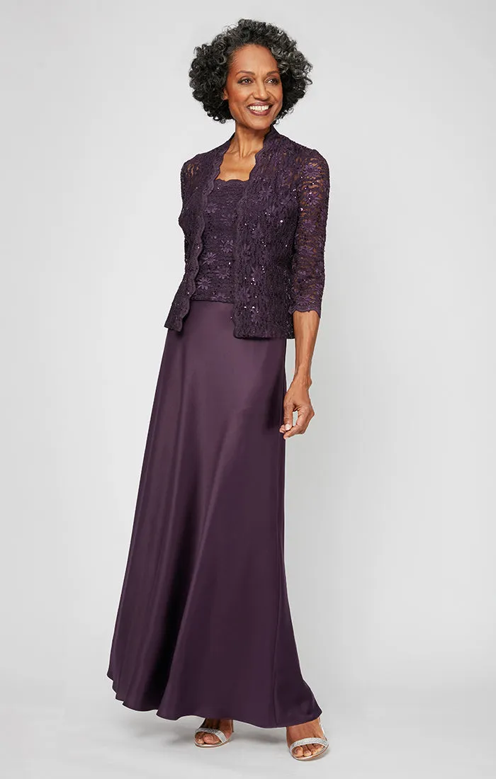 Lace & Satin Gown with 3/4 Sleeve Scalloped Lace Jacket