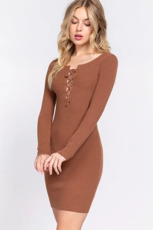 Lace Up Long Sleeve Knit Mini Dress