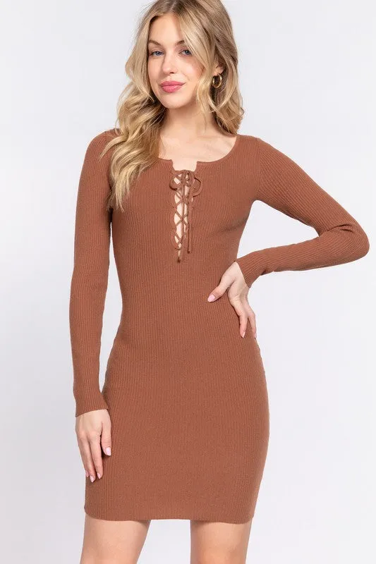 Lace Up Long Sleeve Knit Mini Dress