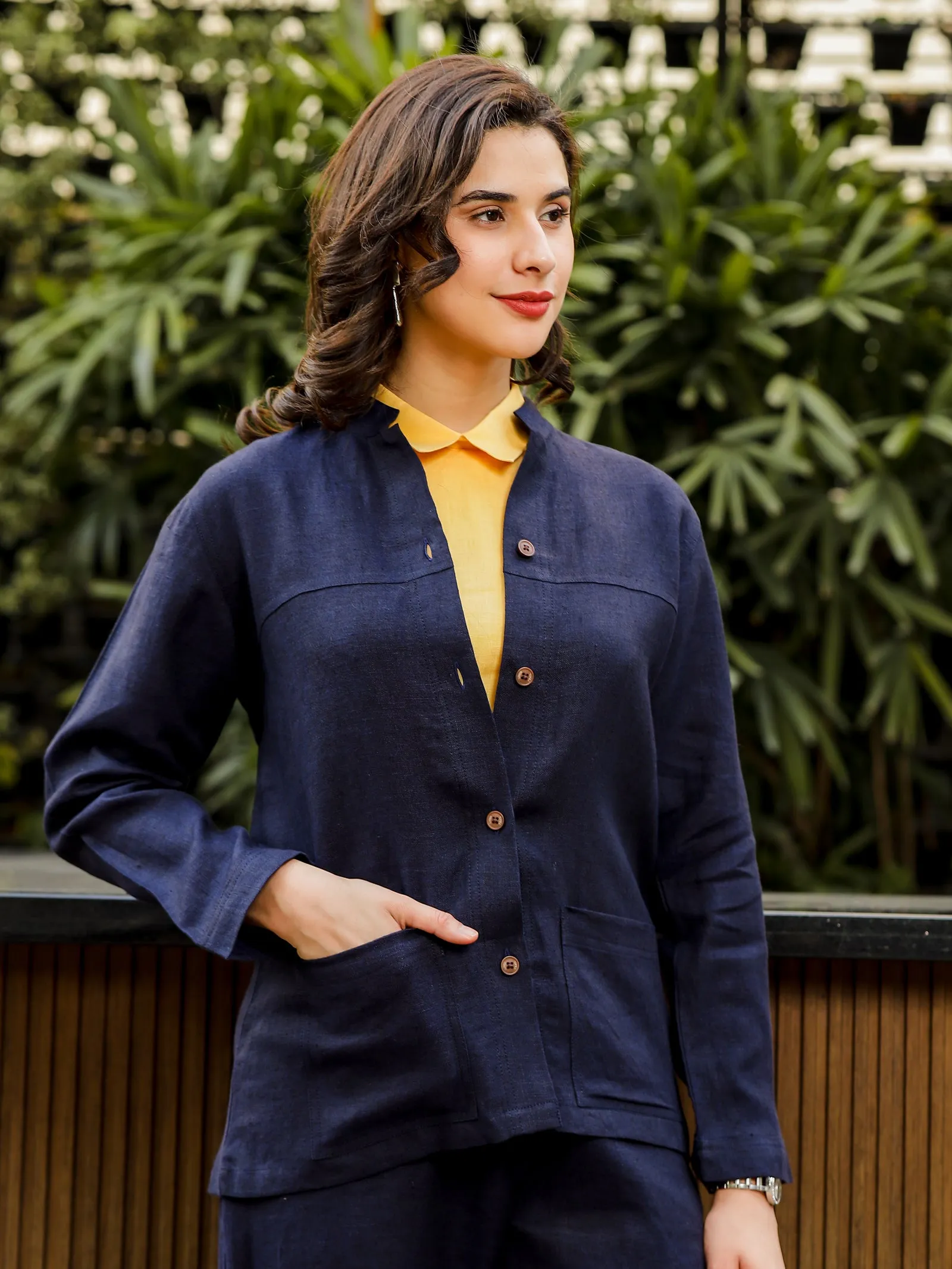 Lana - Mandarin Collar Shacket - Dark Blue