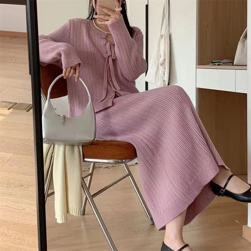 Lanfubeisi comfy school outfits Autumn and Winter Wear Two-Piece Women's Korean-Style Elegant Bottoming Knitted Dress   Lazy Sweater Coat Lace-up Top