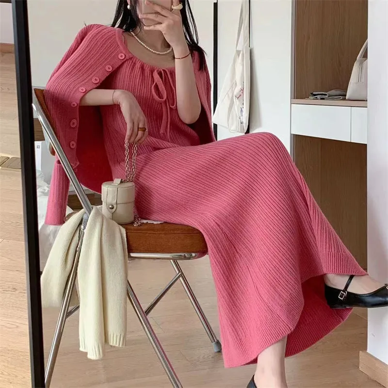 Lanfubeisi comfy school outfits Autumn and Winter Wear Two-Piece Women's Korean-Style Elegant Bottoming Knitted Dress   Lazy Sweater Coat Lace-up Top