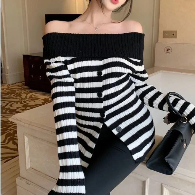 Lanfubeisi long sweater dress outfit Off-Neck Striped Pleated Sweater Women's Chic Slim Top Autumn Short Long Sleeve