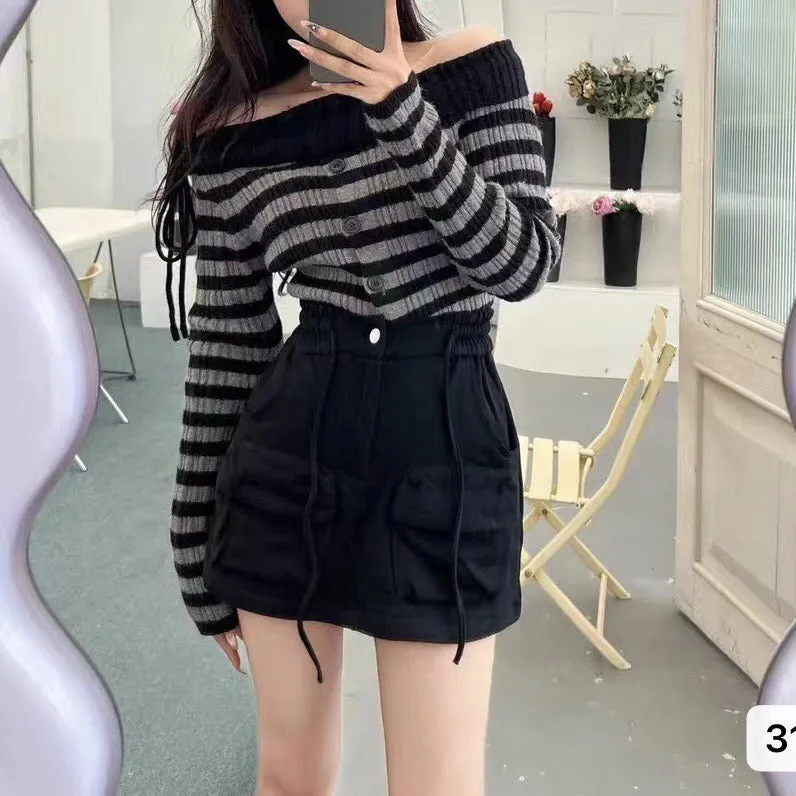 Lanfubeisi long sweater dress outfit Off-Neck Striped Pleated Sweater Women's Chic Slim Top Autumn Short Long Sleeve