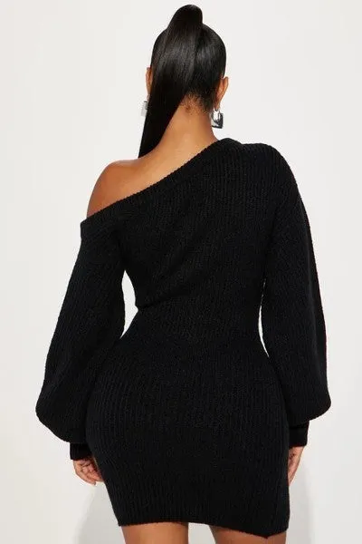 Little Black Sweater Knit Black Mini Dress