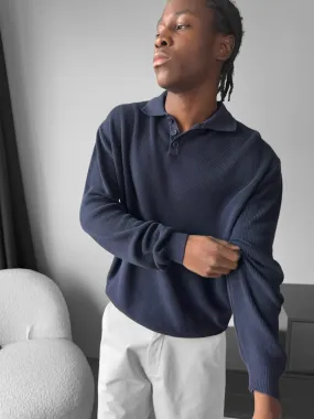 Loose Fit Knit Polo Sweater - Blue