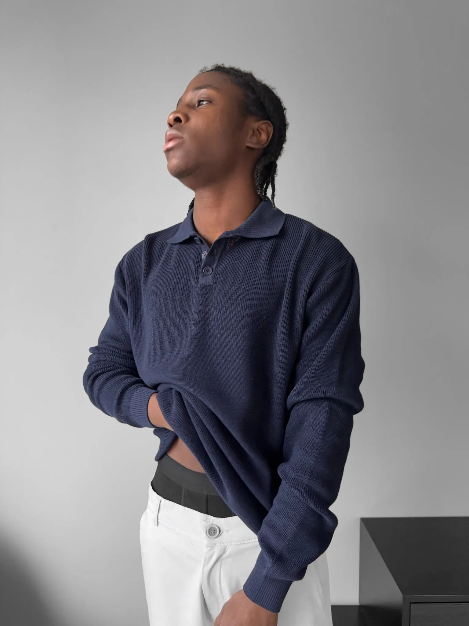 Loose Fit Knit Polo Sweater - Blue