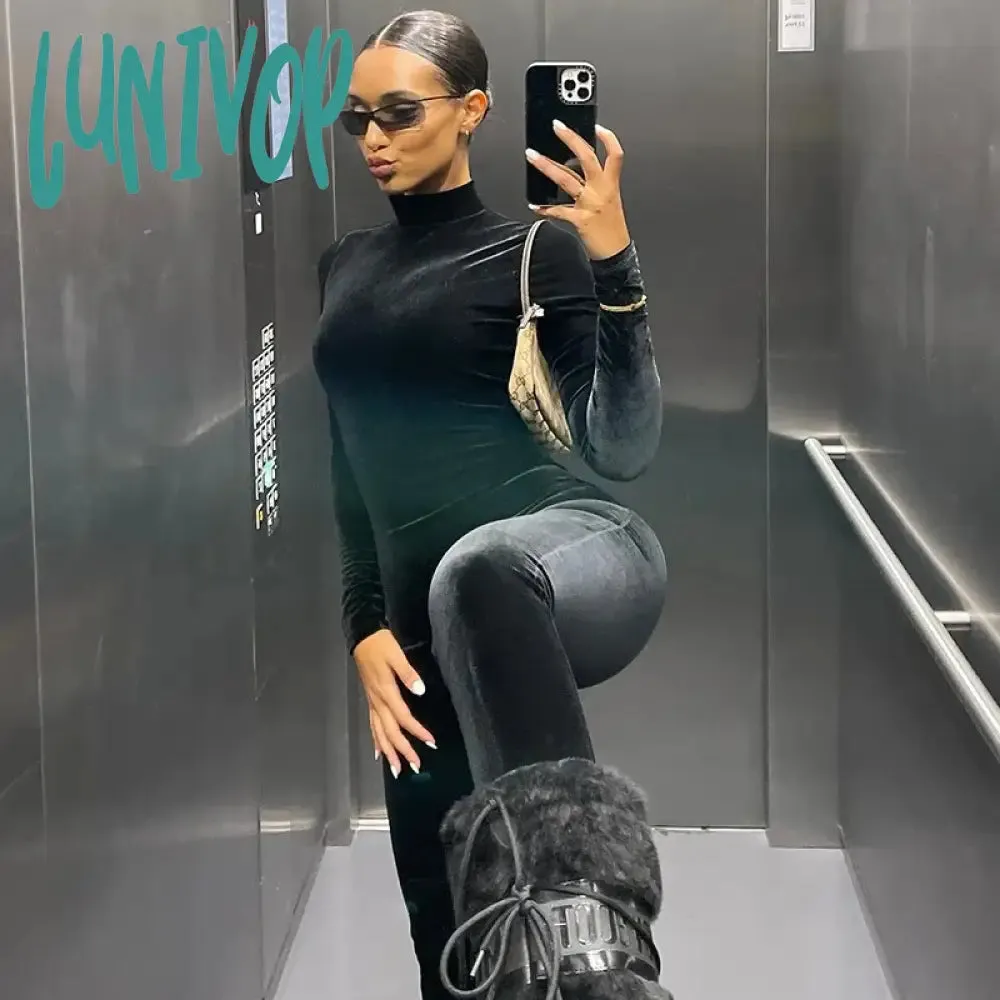 Lunivop Autumn Velvet Sexy Y2K Clothes Long Sleeve O-Neck Bodycon Skinny Zipper Jumpsuit Women Sporty Streetwear Romper Outfits Jumpsuit