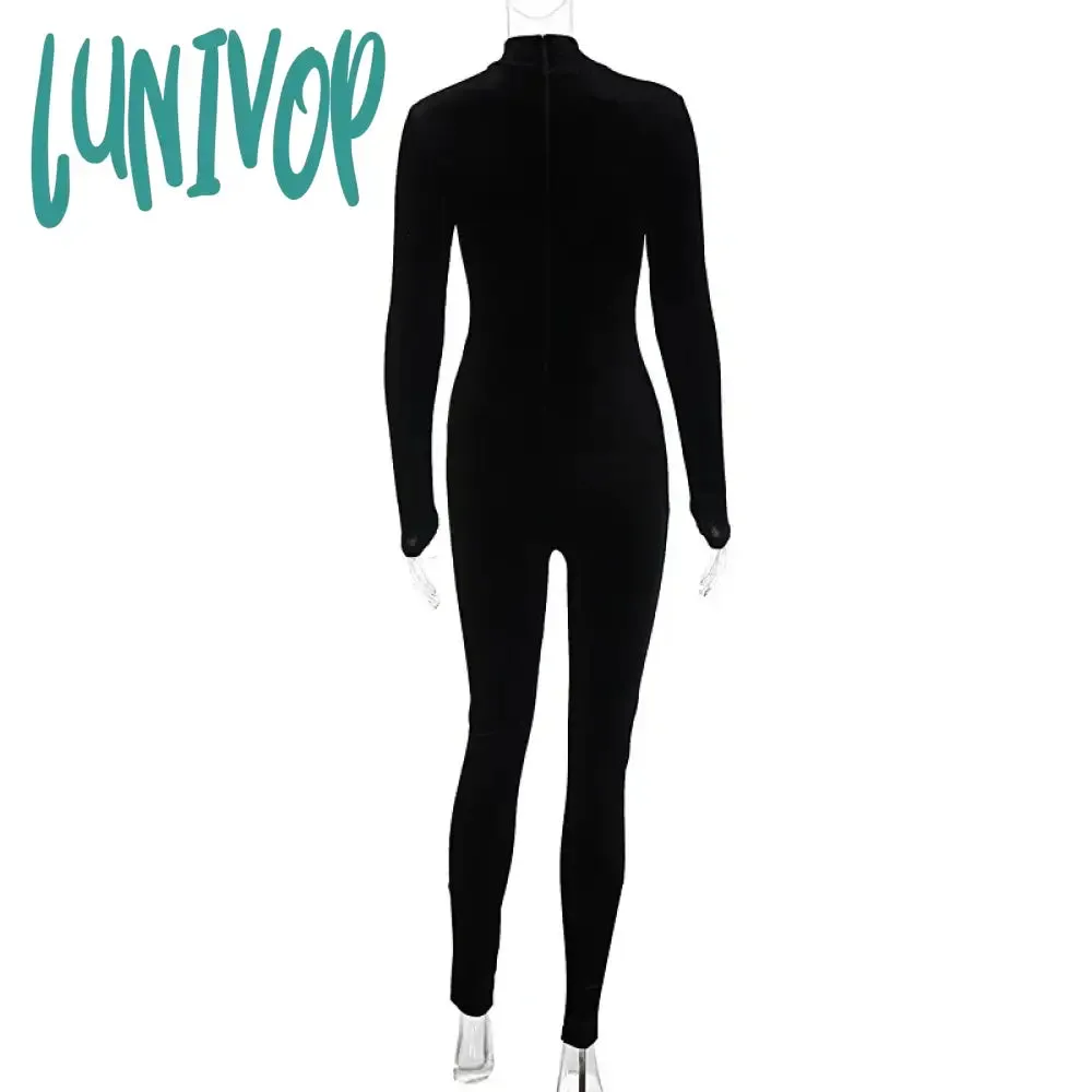 Lunivop Autumn Velvet Sexy Y2K Clothes Long Sleeve O-Neck Bodycon Skinny Zipper Jumpsuit Women Sporty Streetwear Romper Outfits Jumpsuit