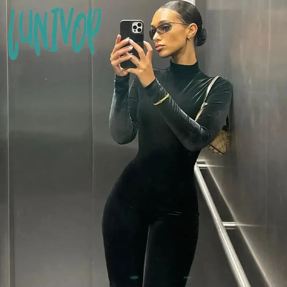 Lunivop Autumn Velvet Sexy Y2K Clothes Long Sleeve O-Neck Bodycon Skinny Zipper Jumpsuit Women Sporty Streetwear Romper Outfits Jumpsuit