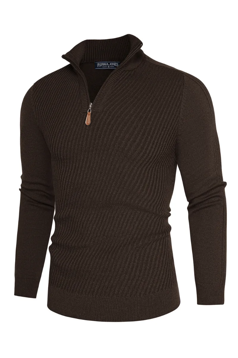 Men Stand Collar Sweater Long Sleeve Zip-up Neck Ribbed Cuff Pullover