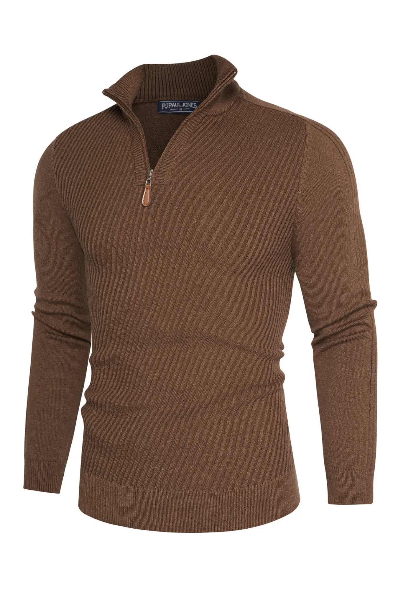 Men Stand Collar Sweater Long Sleeve Zip-up Neck Ribbed Cuff Pullover