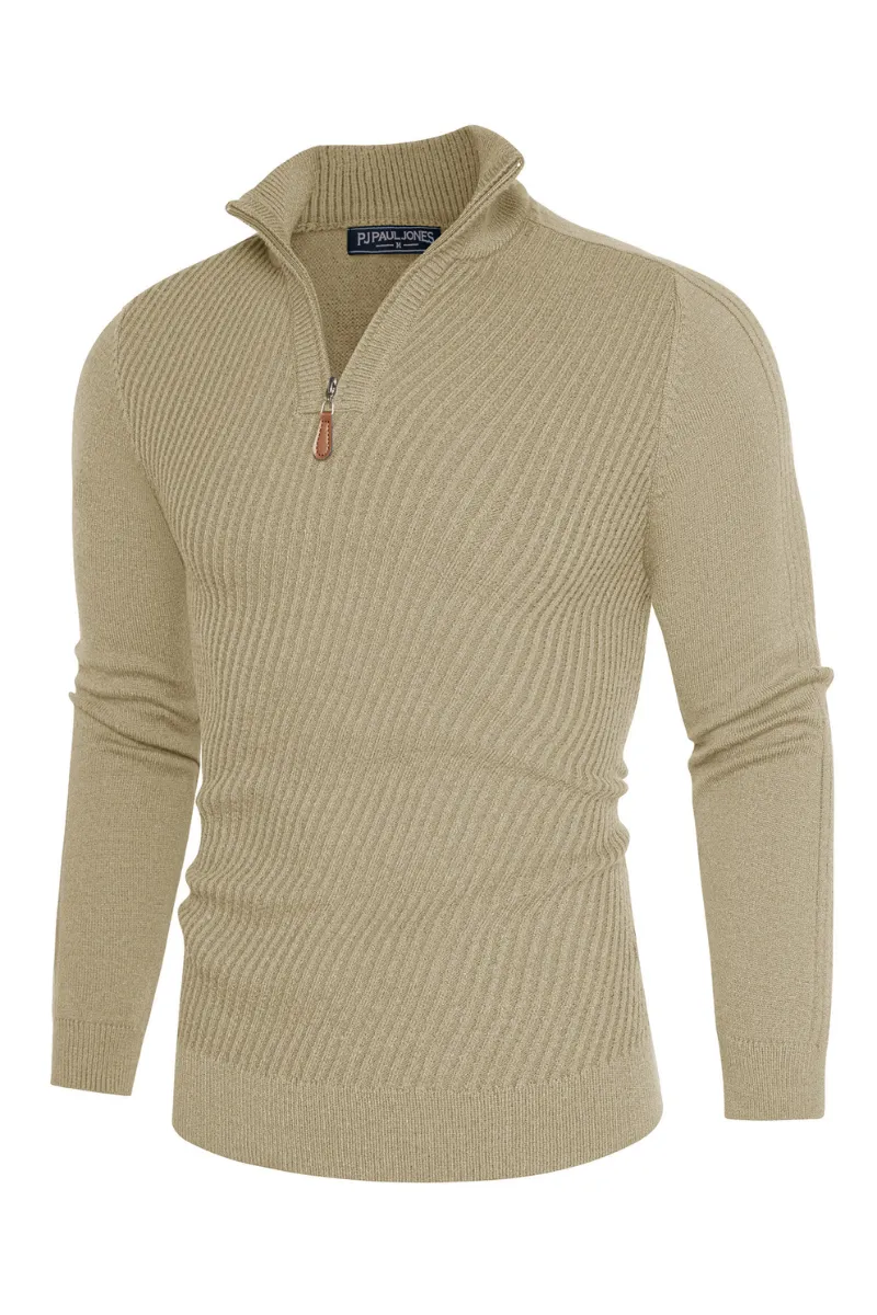 Men Stand Collar Sweater Long Sleeve Zip-up Neck Ribbed Cuff Pullover