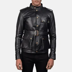 Mens Black Cow Leather Coat with Golden Brass Buttons