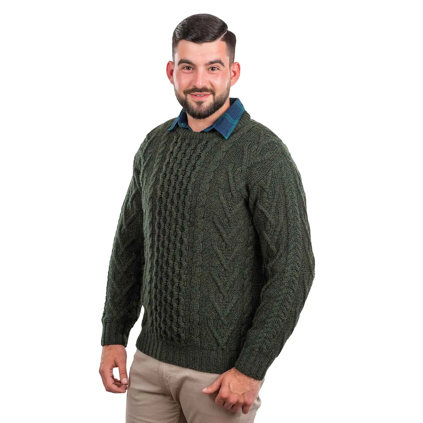 Men's Merino Aran Sweater, Army Green