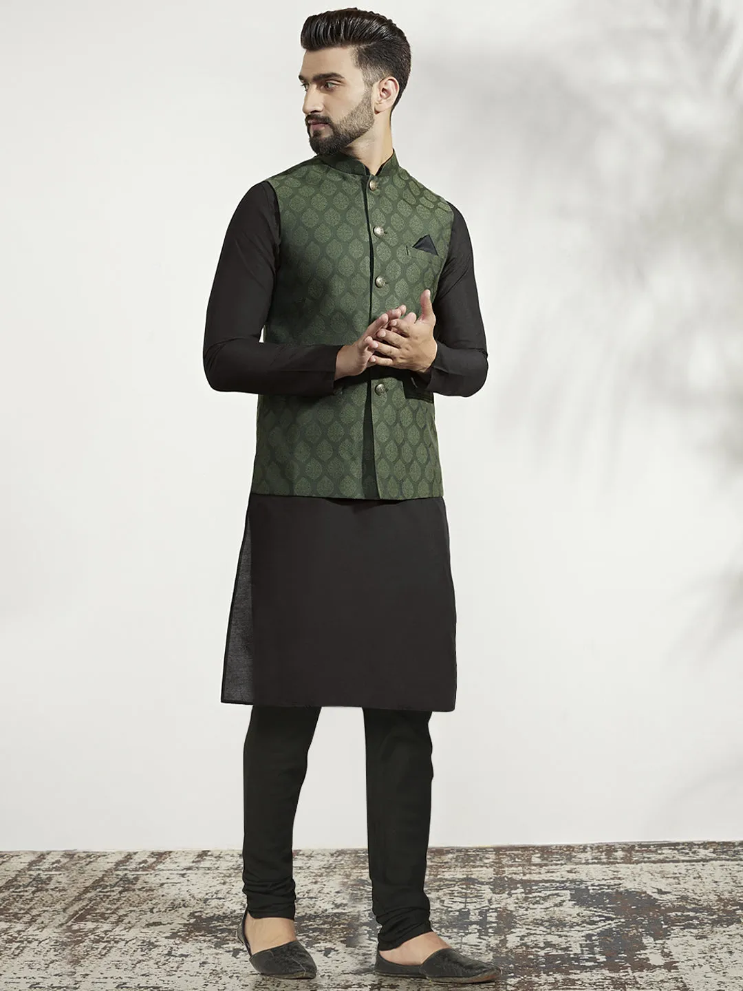 Men's Olive Kurta Jacket Churidar Set