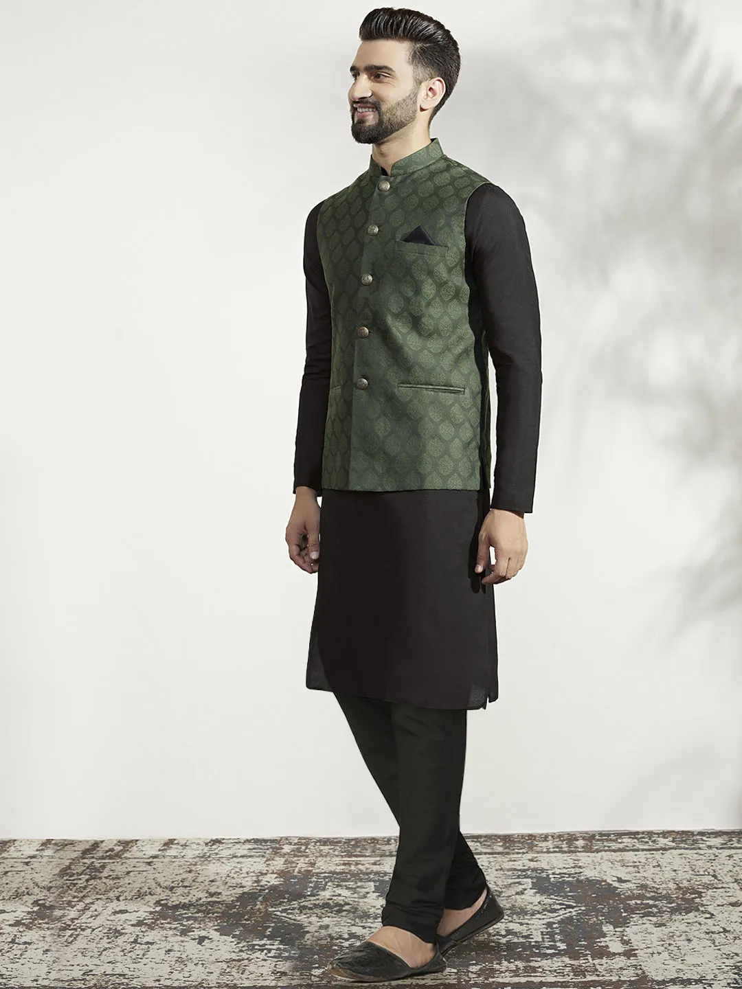 Men's Olive Kurta Jacket Churidar Set