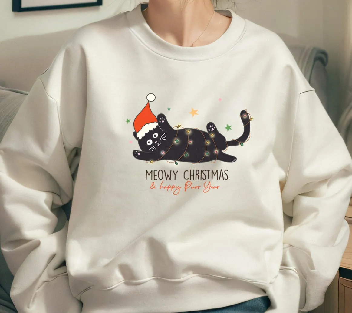 Meowy Christmas,Merry Christmas Crewneck Sweatshirt, Happy Holidays Country Christmas,Holiday