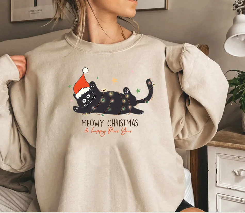 Meowy Christmas,Merry Christmas Crewneck Sweatshirt, Happy Holidays Country Christmas,Holiday