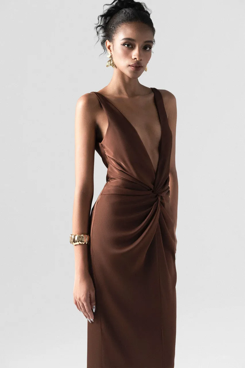 Mocha Twist Front Gown with Deep V-Neck