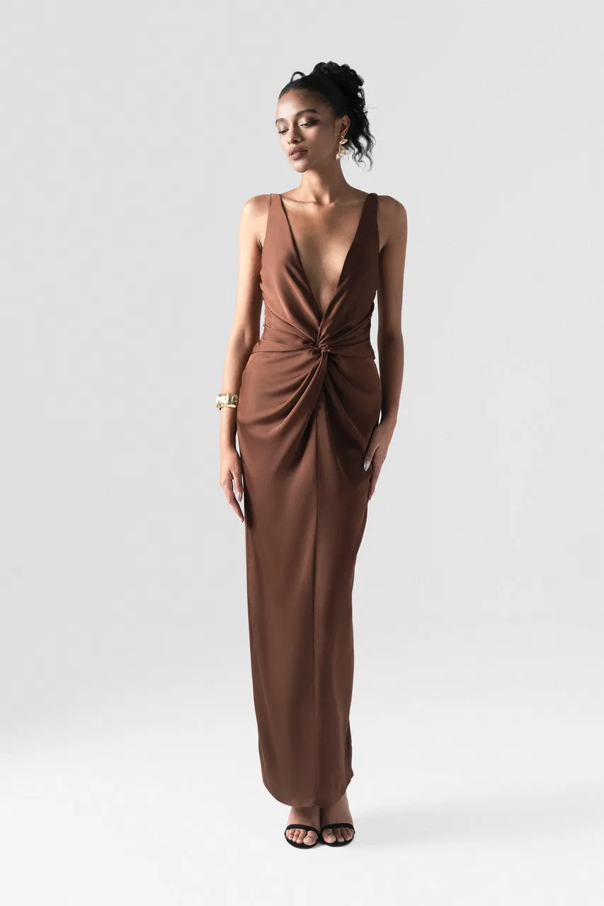 Mocha Twist Front Gown with Deep V-Neck